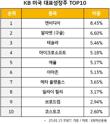 'kb 미국 대표성장주' 펀드의 포트폴리오 상위 10개 종목과 비중.